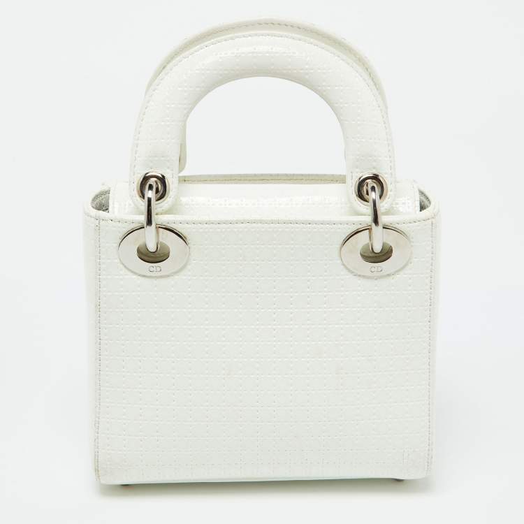 Pre Owned Dior White Microcannage Patent Leather Mini Lady Dior Tote