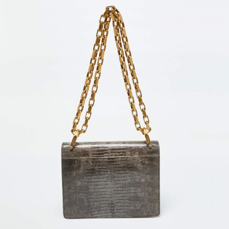 Pre Owned Dior Grey/Brown Lizard DiorDirection Flap Bag