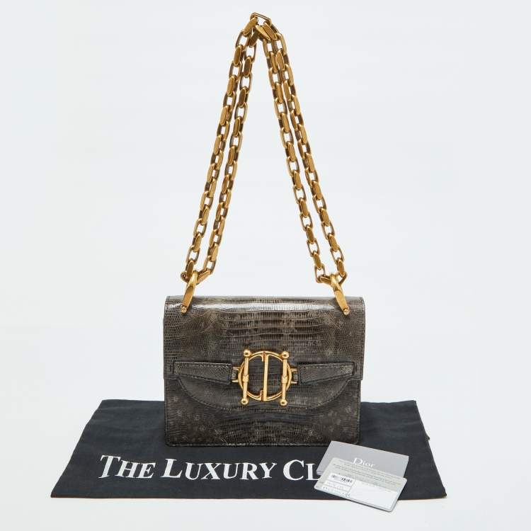 Pre Owned Dior Grey/Brown Lizard DiorDirection Flap Bag