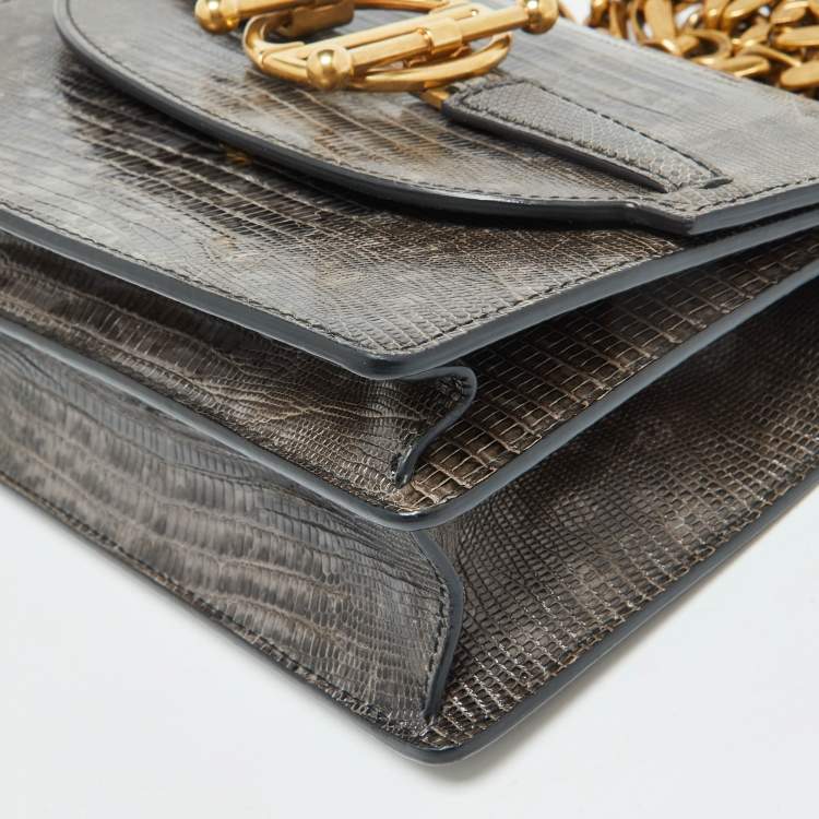 Pre Owned Dior Grey/Brown Lizard DiorDirection Flap Bag