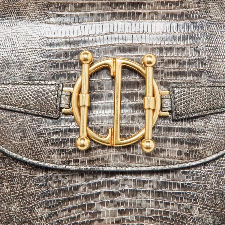 Pre Owned Dior Grey/Brown Lizard DiorDirection Flap Bag