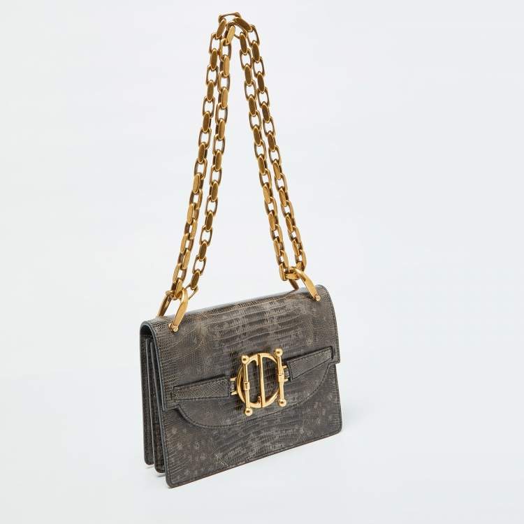 Pre Owned Dior Grey/Brown Lizard DiorDirection Flap Bag