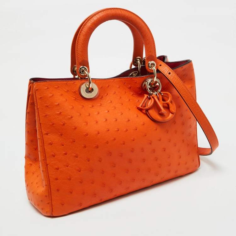 Pre Owned Dior Orange Ostrich Medium Diorissimo Shopper Tote