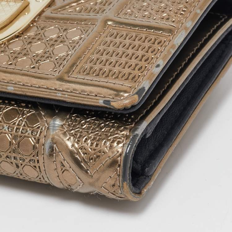 Pre Owned Dior Gold Mircoannage Patent Leather Diorama Trifold Wallet