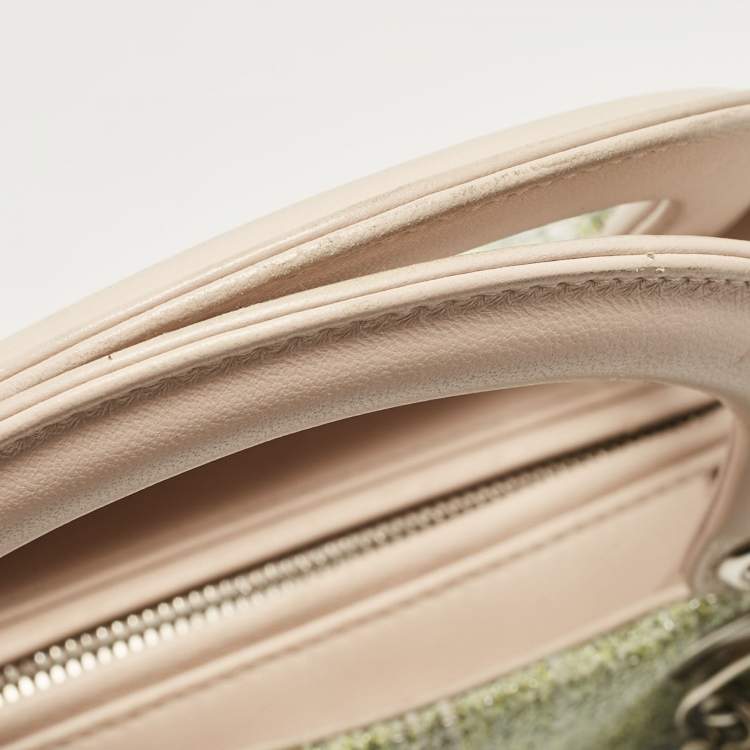 Pre Owned Dior Green/Beige Leather and Tweed Medium Lady Dior Tote