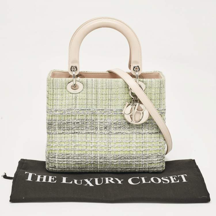 Pre Owned Dior Green/Beige Leather and Tweed Medium Lady Dior Tote