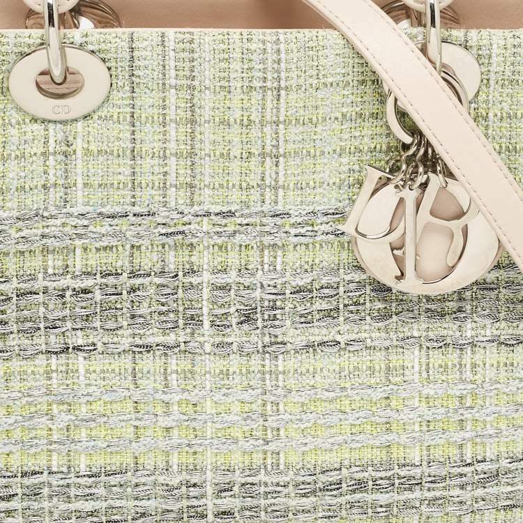 Pre Owned Dior Green/Beige Leather and Tweed Medium Lady Dior Tote