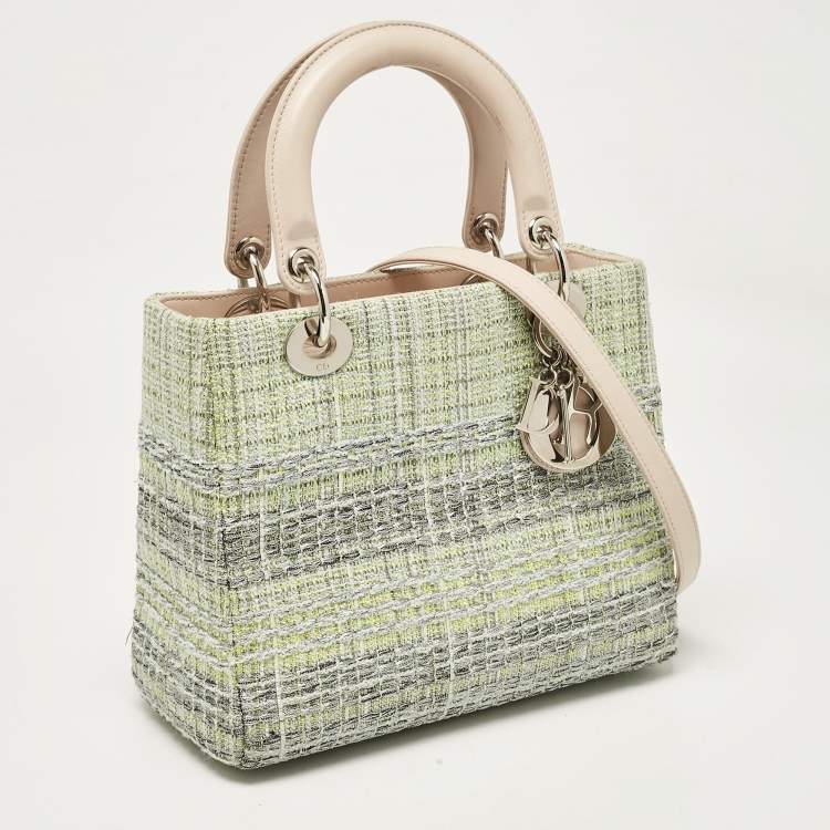 Pre Owned Dior Green/Beige Leather and Tweed Medium Lady Dior Tote