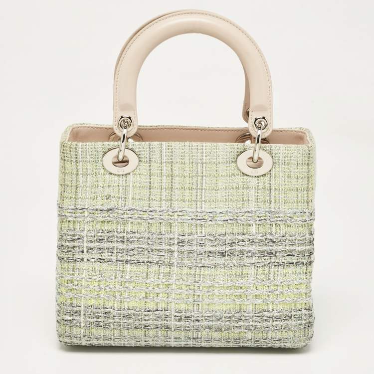 Pre Owned Dior Green/Beige Leather and Tweed Medium Lady Dior Tote