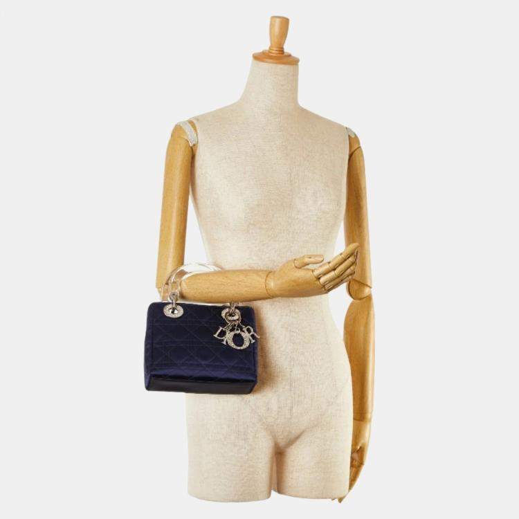 Pre Owned Christian Dior Navy Satin Plastic Dior Lady Rhinestone Handbag
