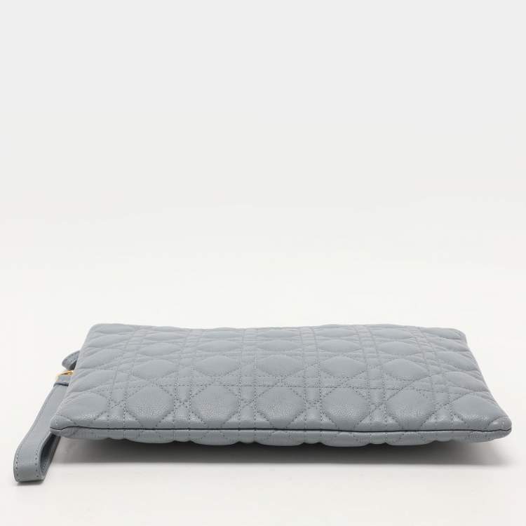 Pre Owned Dior Dust Blue Quilted Leather Caro Wristlet Clutch