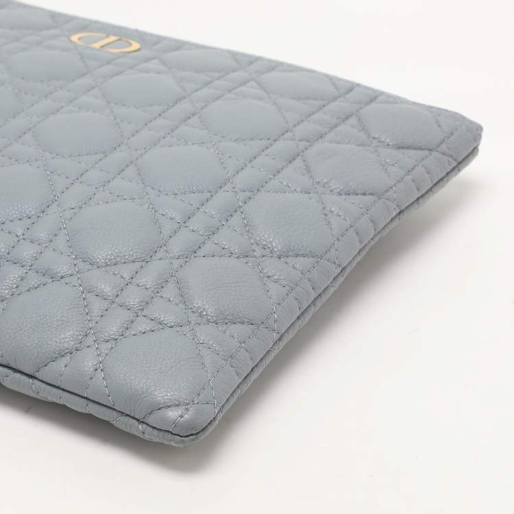 Pre Owned Dior Dust Blue Quilted Leather Caro Wristlet Clutch