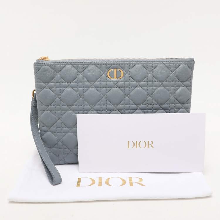 Pre Owned Dior Dust Blue Quilted Leather Caro Wristlet Clutch