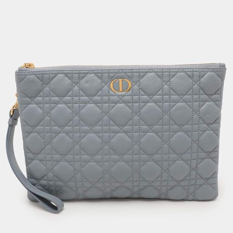 Pre Owned Dior Dust Blue Quilted Leather Caro Wristlet Clutch