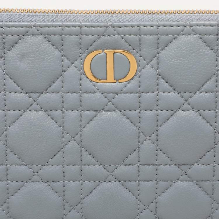 Pre Owned Dior Dust Blue Quilted Leather Caro Wristlet Clutch