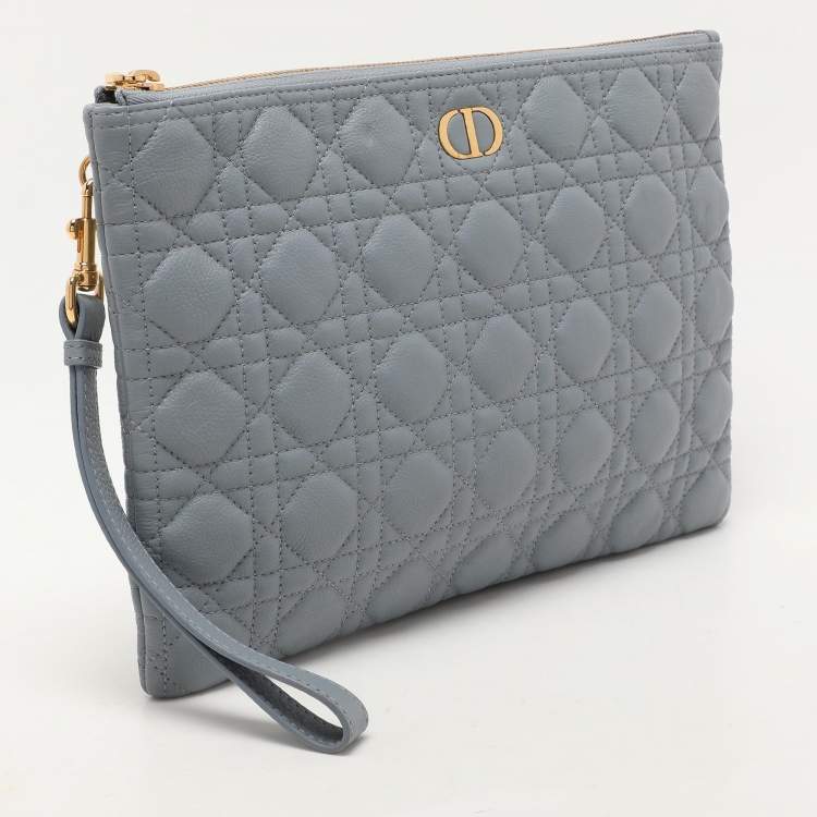 Pre Owned Dior Dust Blue Quilted Leather Caro Wristlet Clutch