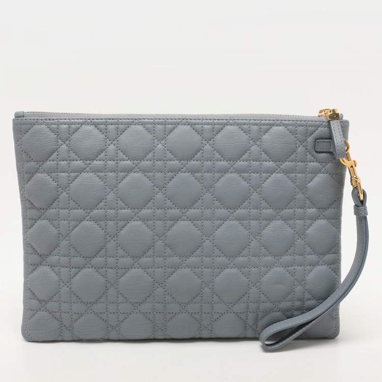 Pre Owned Dior Dust Blue Quilted Leather Caro Wristlet Clutch