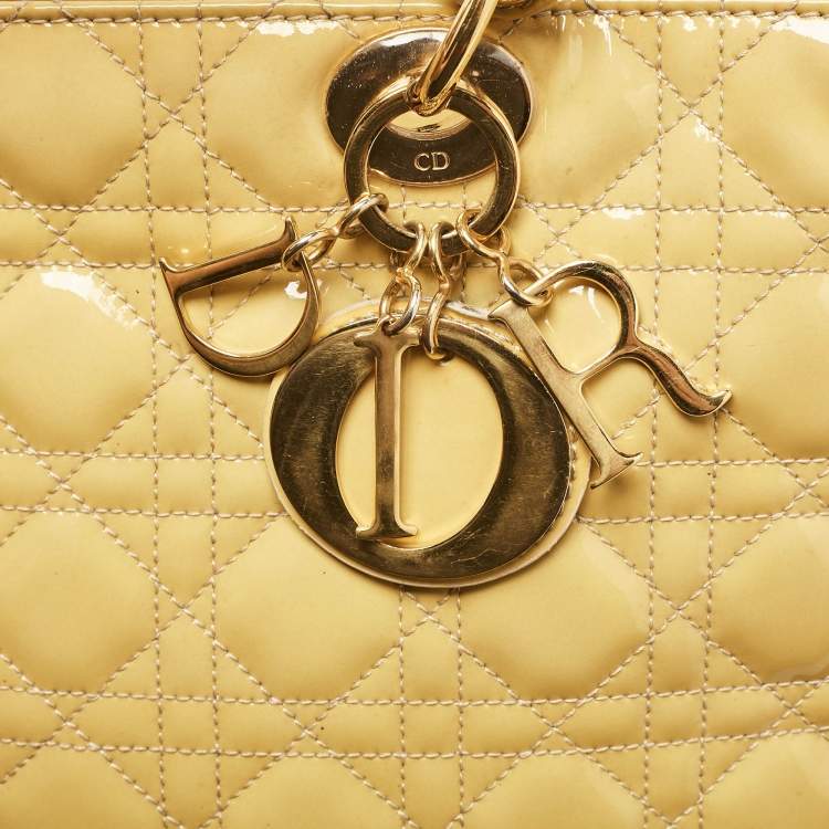 Pre Owned Dior Yellow Cannage Patent Leather Large Lady Dior Tote