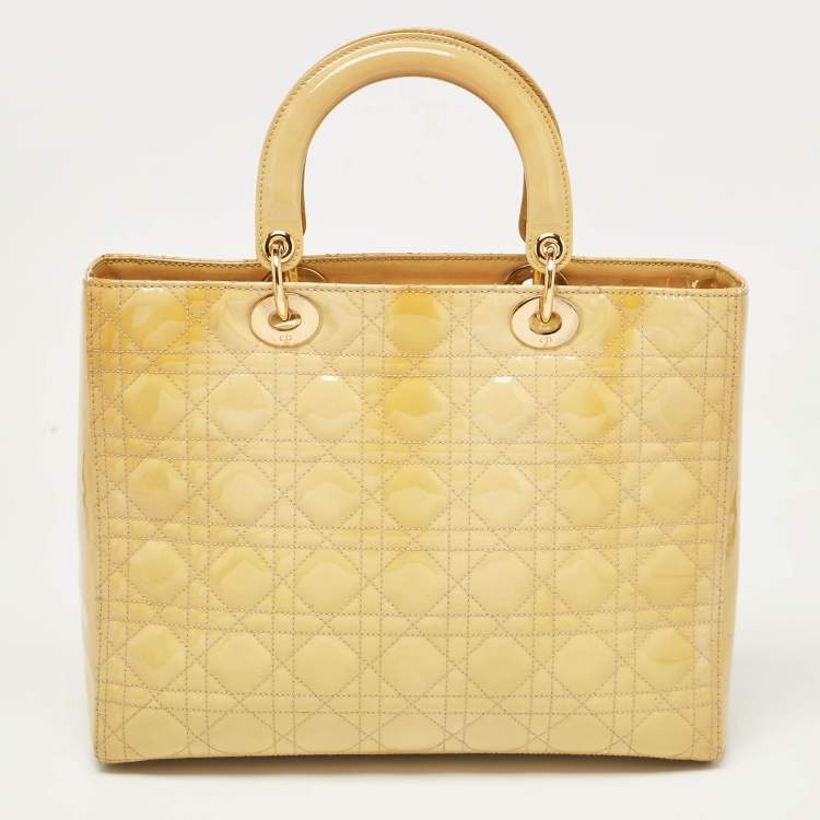 Pre Owned Dior Yellow Cannage Patent Leather Large Lady Dior Tote