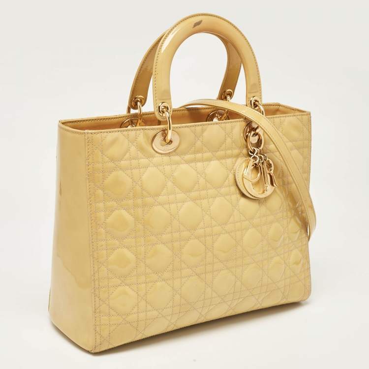 Pre Owned Dior Yellow Cannage Patent Leather Large Lady Dior Tote