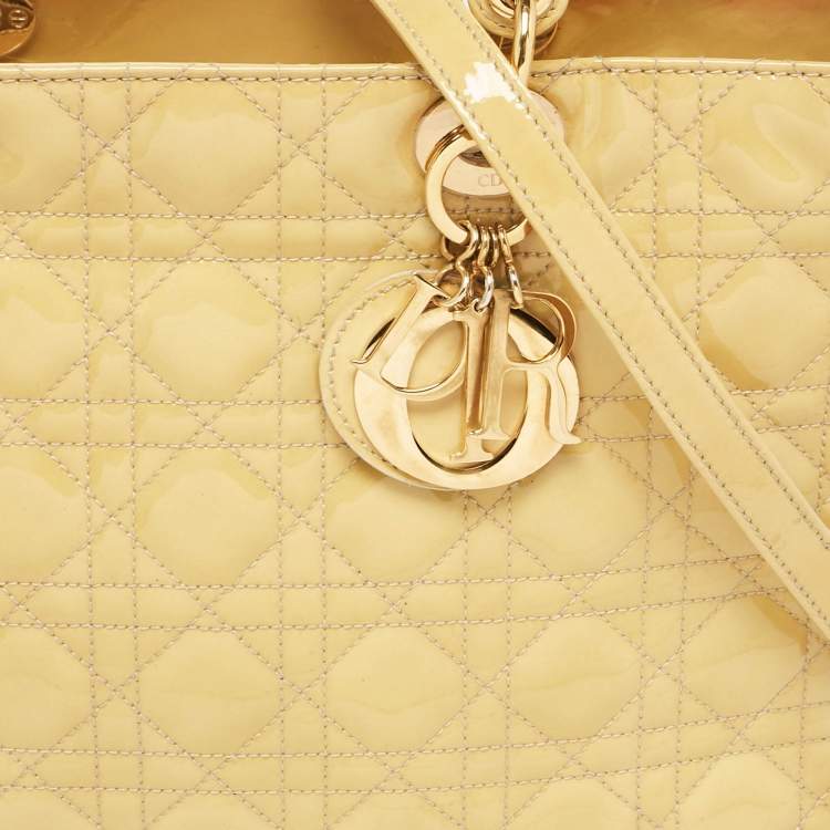 Pre Owned Dior Yellow Cannage Patent Leather Large Lady Dior Tote