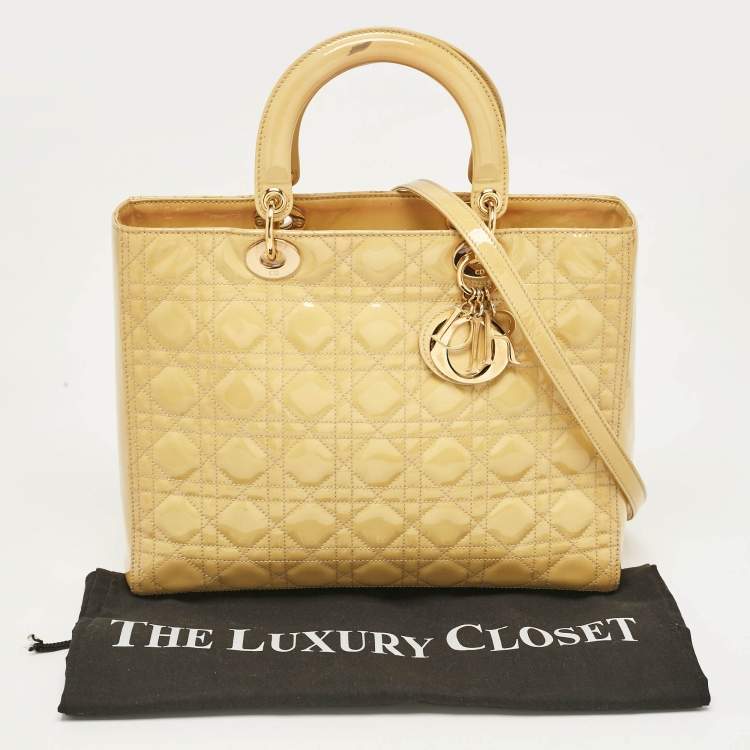 Pre Owned Dior Yellow Cannage Patent Leather Large Lady Dior Tote