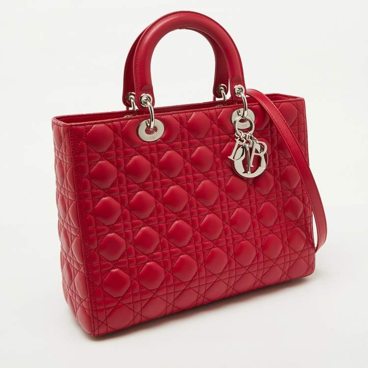 Pre Owned Dior Red Quilted Cannage Leather Large Lady Dior Tote