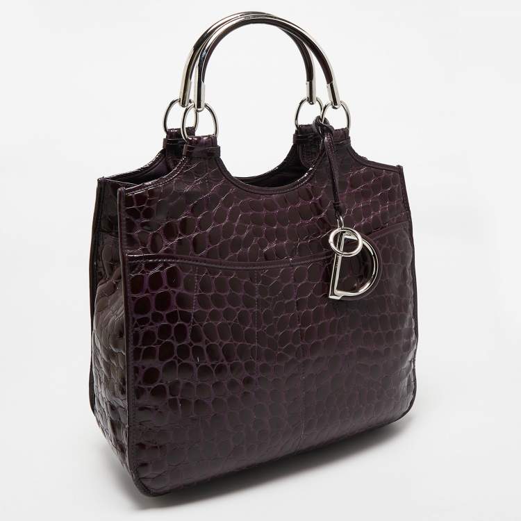 Pre Owned Dior Purple Croc Embossed Patent Leather 61 Tote