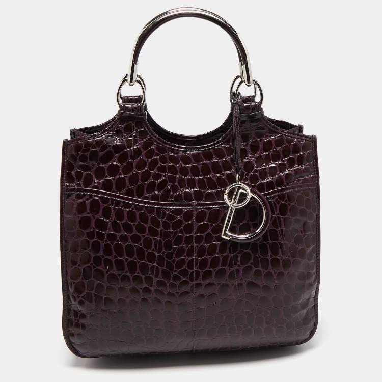 Pre Owned Dior Purple Croc Embossed Patent Leather 61 Tote