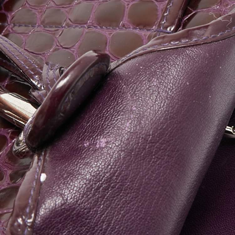 Pre Owned Dior Purple Croc Embossed Patent Leather 61 Tote