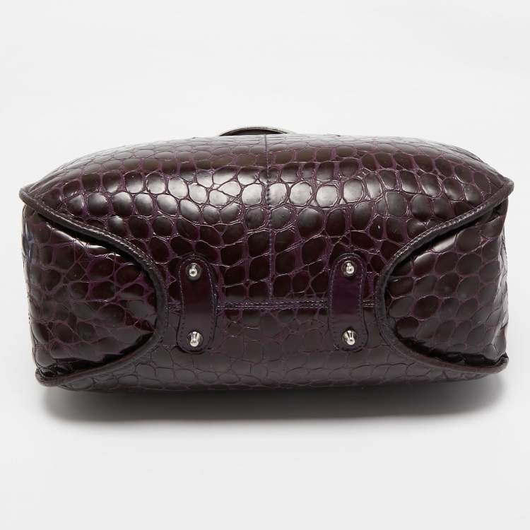 Pre Owned Dior Purple Croc Embossed Patent Leather 61 Tote