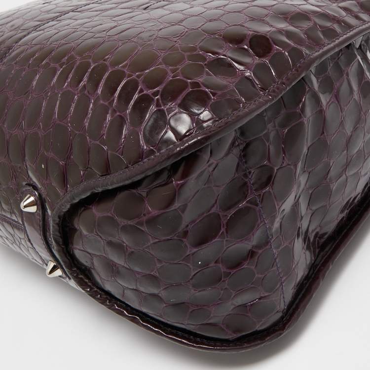 Pre Owned Dior Purple Croc Embossed Patent Leather 61 Tote