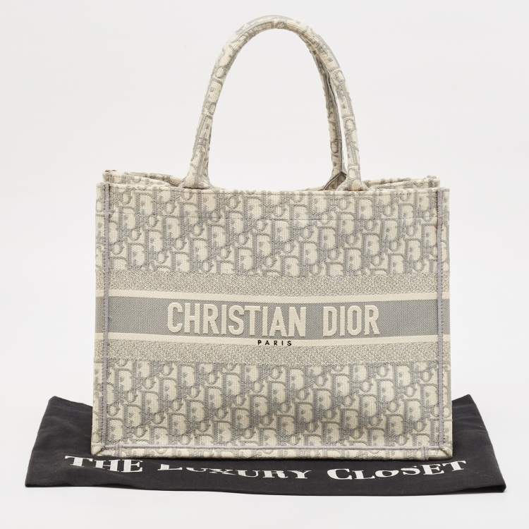 Pre Owned Dior Grey Oblique Embroidered Canvas Medium Book Tote