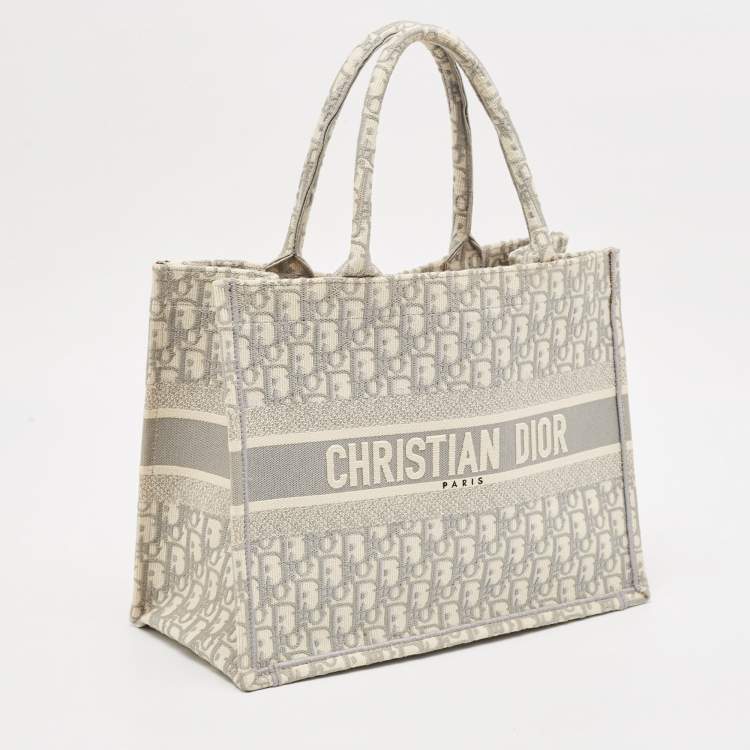 Pre Owned Dior Grey Oblique Embroidered Canvas Medium Book Tote