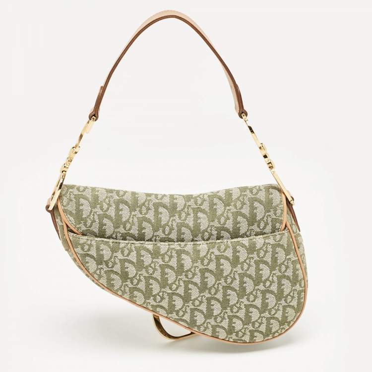 Pre Owned Dior Green/Tan Oblique Canvas Saddle Bag