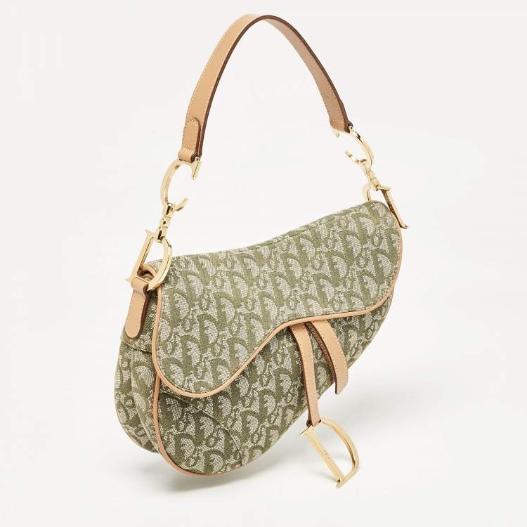 Pre Owned Dior Green/Tan Oblique Canvas Saddle Bag