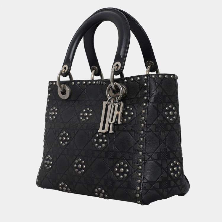 Pre Owned Christian Dior Medium Calfskin Cannage Studded Supple Lady Dior Bag