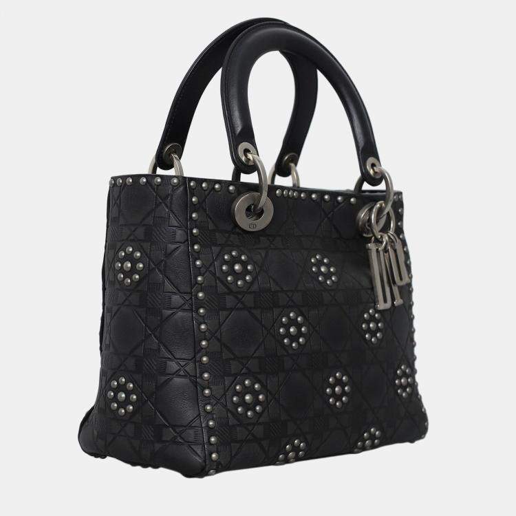 Pre Owned Christian Dior Medium Calfskin Cannage Studded Supple Lady Dior Bag