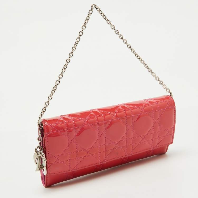 Pre Owned Dior Pink Cannage Patent Leather Lady Dior Wallet On Chain