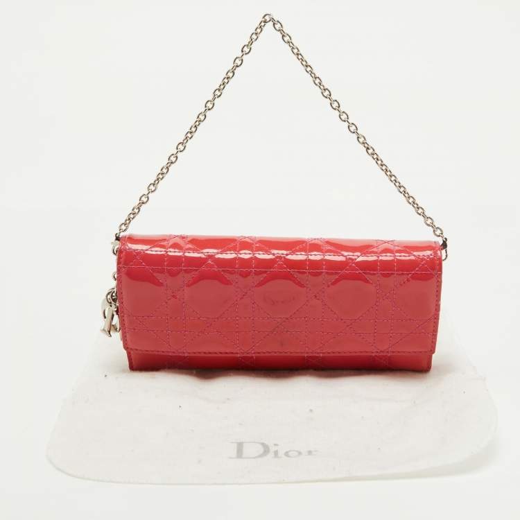 Pre Owned Dior Pink Cannage Patent Leather Lady Dior Wallet On Chain