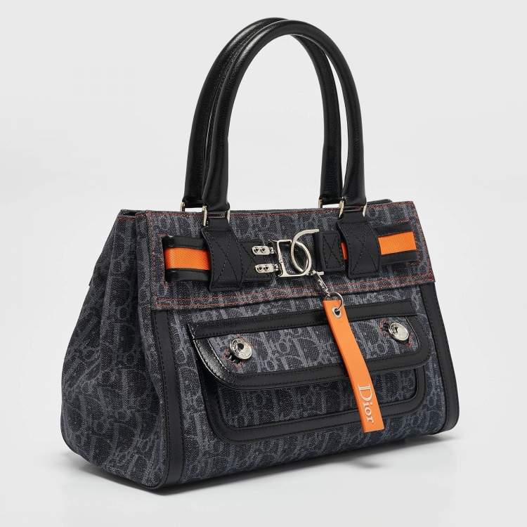 مملوكة مسبقًا Dior Black Oblique Denim and Leather Flight Shopper Tote