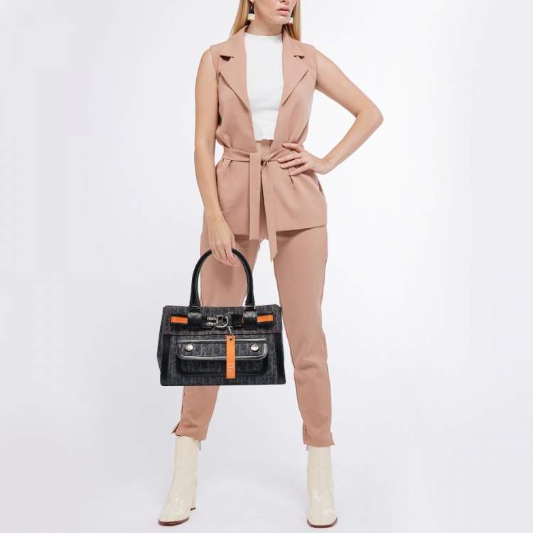 مملوكة مسبقًا Dior Black Oblique Denim and Leather Flight Shopper Tote