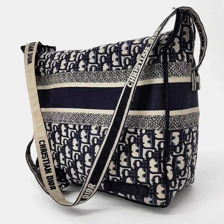 Pre Owned Dior Beige Navy Blue Canvas Oblique Diorcamp Messenger Bag