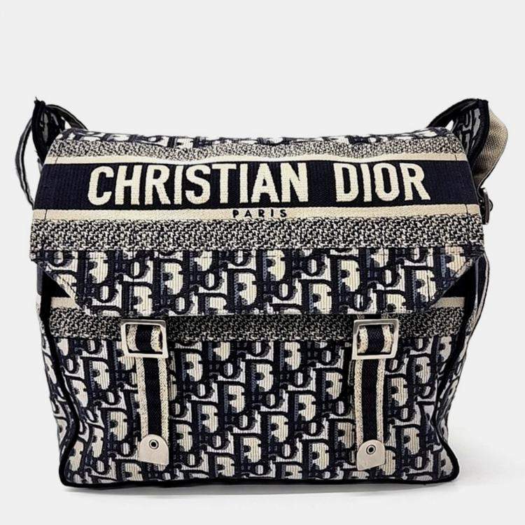 Pre Owned Dior Beige Navy Blue Canvas Oblique Diorcamp Messenger Bag