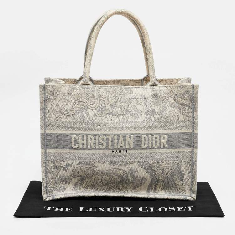 Pre Owned Dior Grey/White Embroidered Toile de Jouy Canvas Medium Book Tote 
