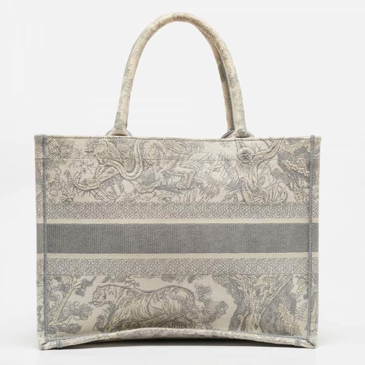 Pre Owned Dior Grey/White Embroidered Toile de Jouy Canvas Medium Book Tote 