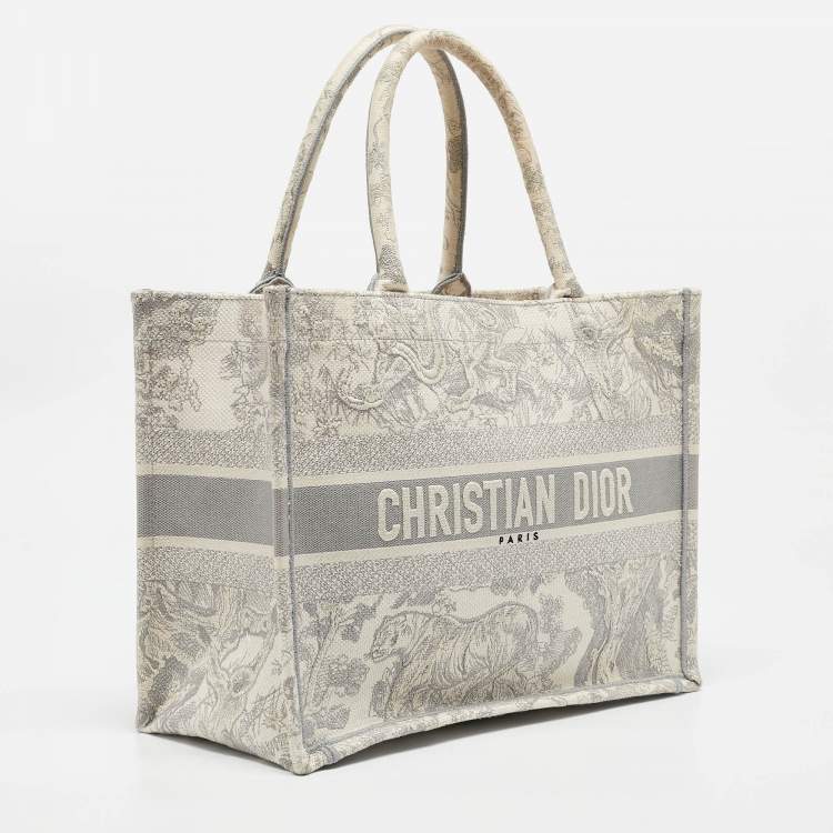 Pre Owned Dior Grey/White Embroidered Toile de Jouy Canvas Medium Book Tote 
