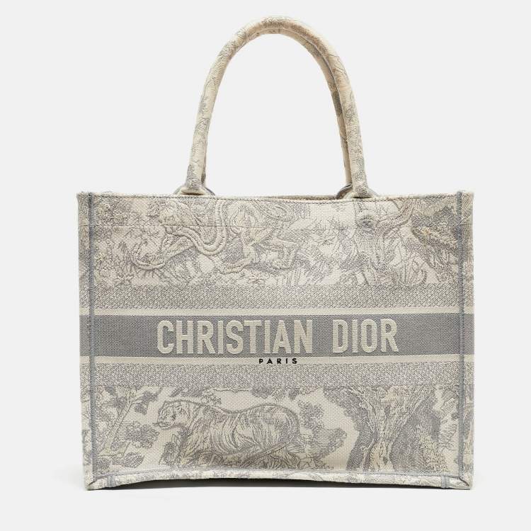 Pre Owned Dior Grey/White Embroidered Toile de Jouy Canvas Medium Book Tote 