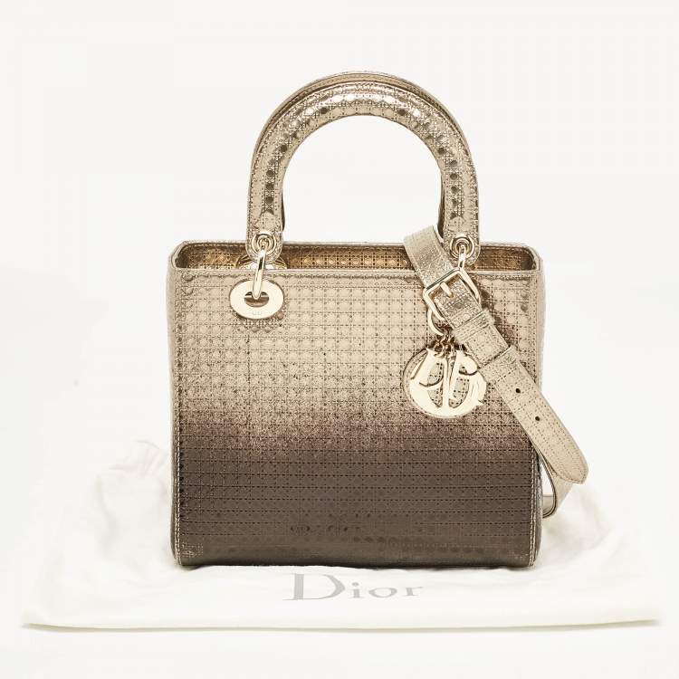 Pre Owned Dior Metallic Ombre Gold Microcannage Leather Medium Lady Dior Tote