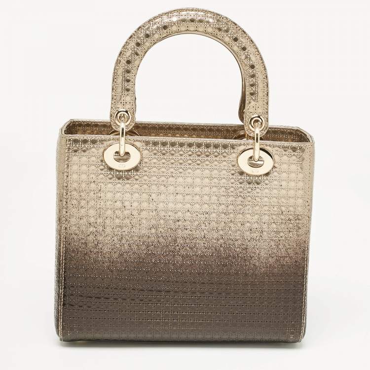 Pre Owned Dior Metallic Ombre Gold Microcannage Leather Medium Lady Dior Tote